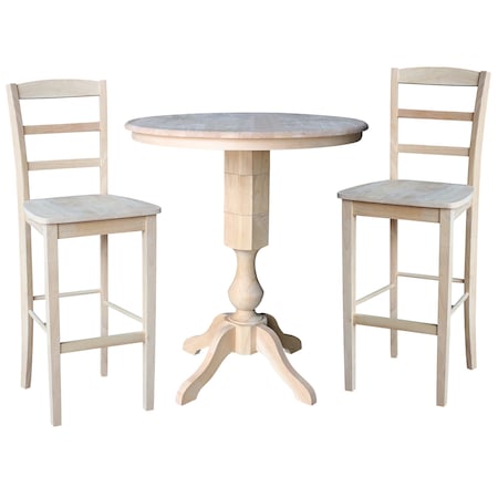 International Concepts Round 36 in Rd Pedestal Bar Height Table, 2 Madrid Bar Height Stools, Unfinished, 36 in W, 36 in L K-36RT-11P-S403-2